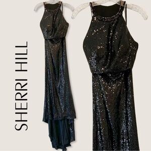 Sherri Hill (4) Black Sequin Halter Gown- Illusion Cutout, Nude Mesh, Beading